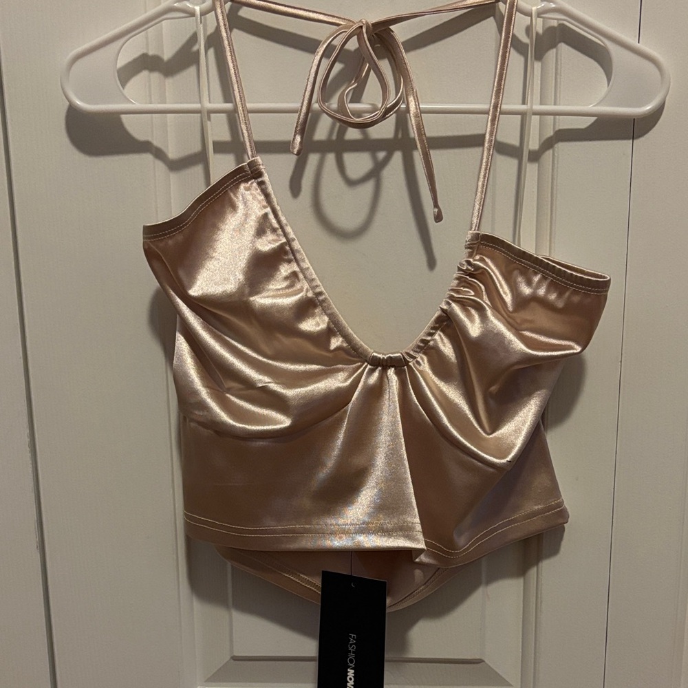 Fashion Nova Satin Halter Crop Top in Champagne Blush